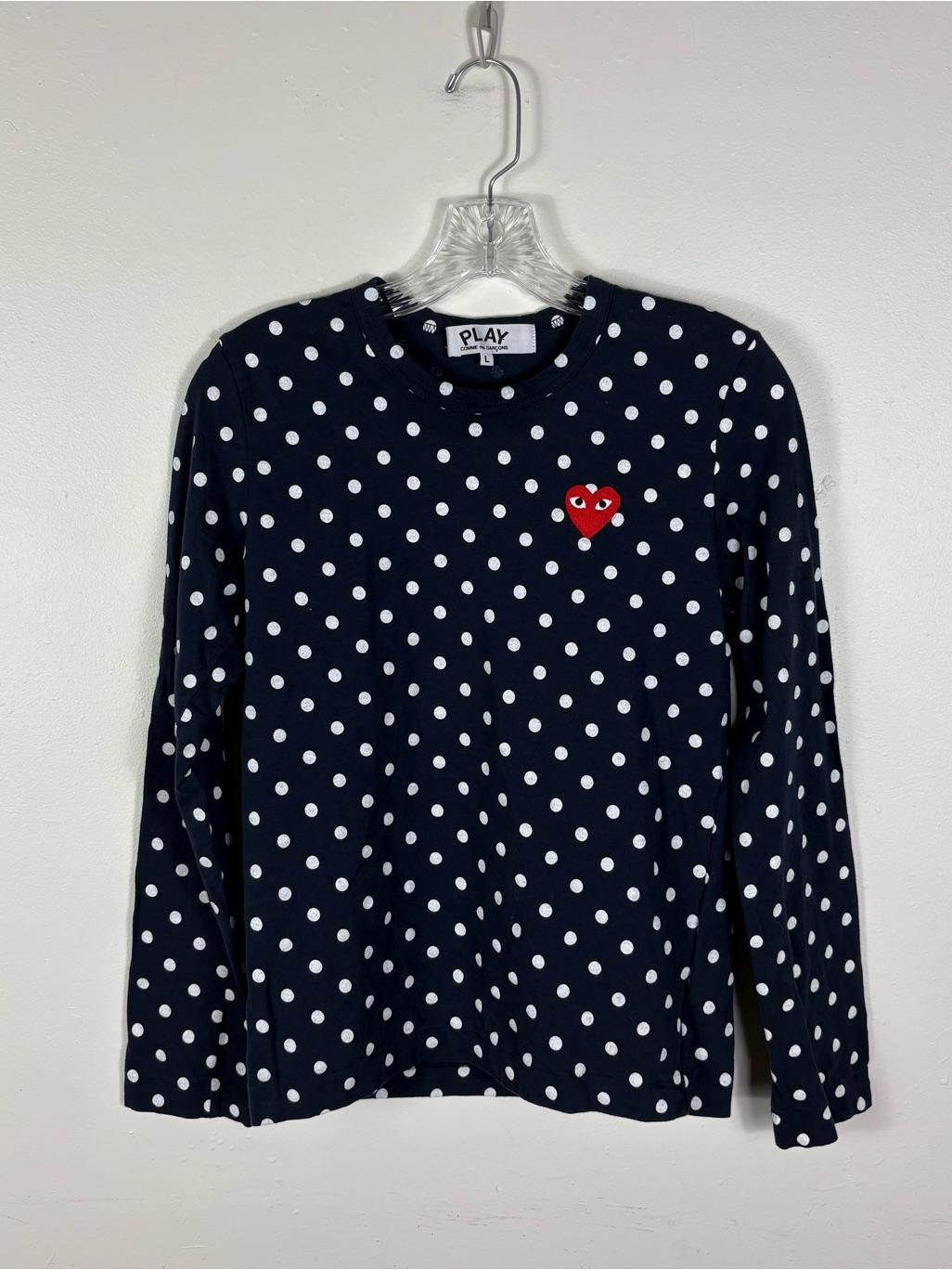 Comme Des Garcons Navy Polka Dot Long-Sleeve Tee With Red Heart Patch
